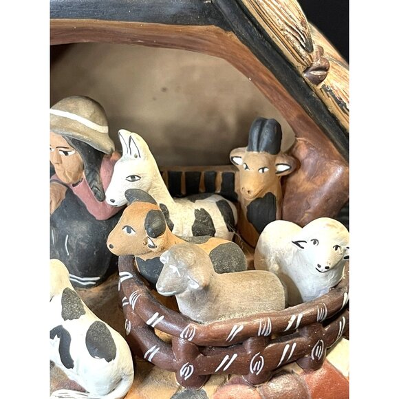Handcrafted Clay Nativity Scene with Rustic Hut & Animals Hand-Painted Details A - Picture 7 of 9